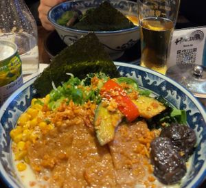 Vegan creamy Ramen with extra corn and spring onions  at Hinodeya - Union Square in San Francisco