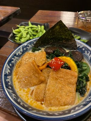 Creamy ramen with extra tofu and crispy kale at Hinodeya - Union Square in San Francisco