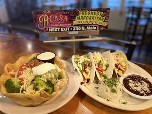 Veggie salad and veggie tacos with vegan sour cream, cheese and ranch!  at Rcasa Tex-Mex Restaurant in Columbia