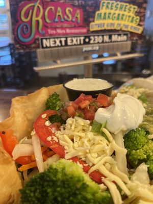 Veggie Fajita Salad with vegan cheese, sour cream and house made vegan avacado ranch  at Rcasa Tex-Mex Restaurant in Columbia