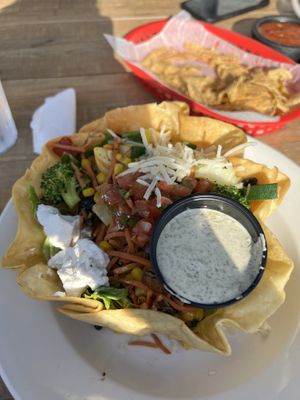 Veggie taco salad with vegan avocado ranch, vegan sour cream, and vegan cheese  #Veganuary at Rcasa Tex-Mex Restaurant in Columbia