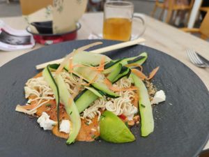 Curry rojo (noodles, zucchinis, peanuts). at El Curry Verde in Hondarribia