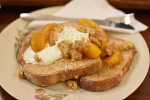 Peaches and cream French toast at Curiositeas Tea Room in Adelaide