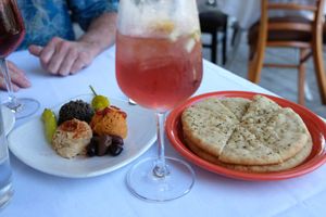 "Trio" of hummus, red pepper hummus and olive tapenade with pita at Santiago's Bodega in Key West