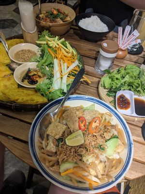 Stir fried vegetable and tofu noodles, pancake, tomato tofu at A Little Kitchen - Bếp Nhỏ in Hoi An