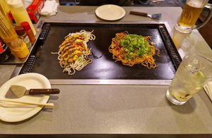 Vegan okonomiyaki and okonomiyaki roll. Vegan okonomiyaki sauce and mayo is possible aside. at Jirokichi - / 次郎吉 in Hiroshima
