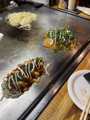Jirokichi roll (closer) and okonomiyaki both vegan  at Jirokichi - / 次郎吉 in Hiroshima