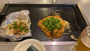 Okonomiyaki and mushroom parcel (and beer)  at Jirokichi - / 次郎吉 in Hiroshima