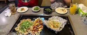 Okonomiyaki, “egg” roll, edamame, grilled mushrooms   at Jirokichi - / 次郎吉 in Hiroshima