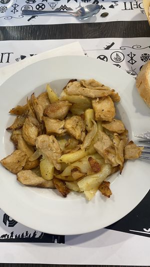 Heura con patates rostides  at La Cantina De Balenya in St Miquel De Balenya