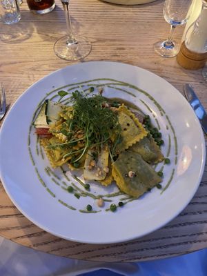 The only vegan option - pea ravioli   at The Manor House Hotel in Moreton-in-marsh