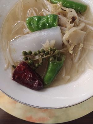 Pickled peppers with beansprouts and konjac soup. at Mipon in Taipei