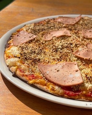 4 cheeses pizza. Gluten free available. at Mundo Vegan in Barcelona