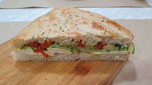 Homemade Focaccia Tofu, lightly toasted and totally yummy at Mundo Vegan in Barcelona