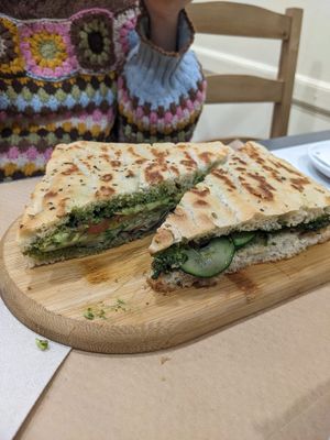Veggie pesto focaccia  at Mundo Vegan in Barcelona