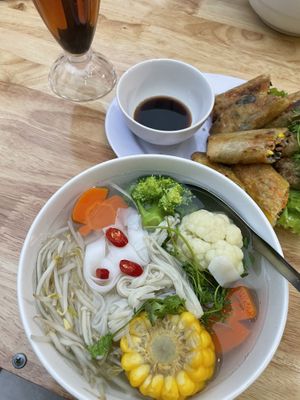 Vegetable pho and spring rolls  at Bahn Mi Tron - CircleT in Ninh Binh