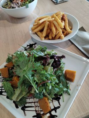Pumpkin salad with a side of chips at Rainbow Beach Surf Life Saving Club in Rainbow Beach