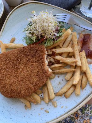 Vegan schnitzel, enjoyable.   at Rainbow Beach Surf Life Saving Club in Rainbow Beach