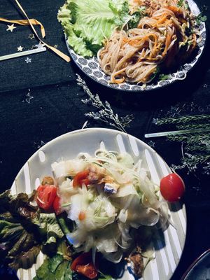 Pad Thai and papaya salad  #Veganuary at The NamKhan in Luang Prabang