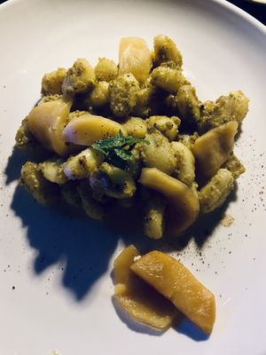 pistachio pesto gnocchi with festive poached apples  at The NamKhan in Luang Prabang