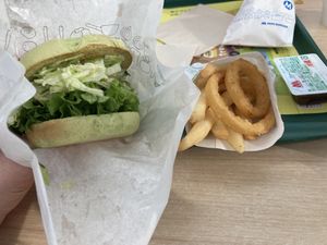 Burger w/ fries and two measly onion rings #Veganuary at HND - Mos Burger - T3 in Tokyo