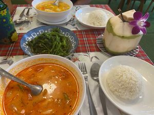 Massaman Curry soup with tofu, rice, fried morning glory, Tom yam soup with tofu and  coconut juice  at Chai Thaifood in Phuket