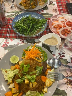 Fried morning glory, fried glass noodle soy sauce with tofu and Tomato - Onion salad at Chai Thaifood in Phuket
