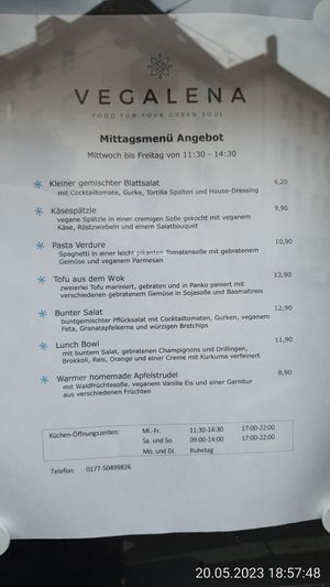 Speisekarte at Vegalena in Stuttgart