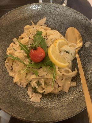 tagliatelle pasta with truffle cream sauce  at Vegalena in Stuttgart