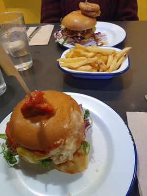 "Chicken" and "beef" burgers at V Rev Vegan Diner in Manchester