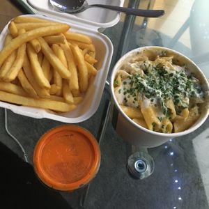 GF Mac n’ cheese w/ house fries  at V Rev Vegan Diner in Manchester