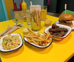 Mac n cheese, fries, wings, burger, milkshake at V Rev Vegan Diner in Manchester