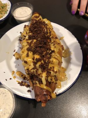 Hotdog with bacon, Mac and cheese, and a ‘special sauce'  at V Rev Vegan Diner in Manchester