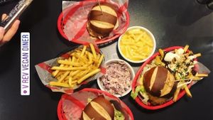 burgers, fries, coleslaw and mac n cheese at V Rev Vegan Diner in Manchester