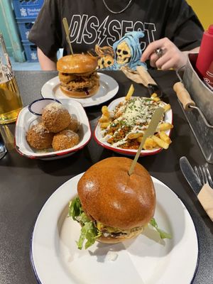 amazing burgers, Mac and cheeze balls and pizza loaded fries!  at V Rev Vegan Diner in Manchester