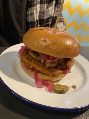 Nashville hot ch*kn burger.  at V Rev Vegan Diner in Manchester