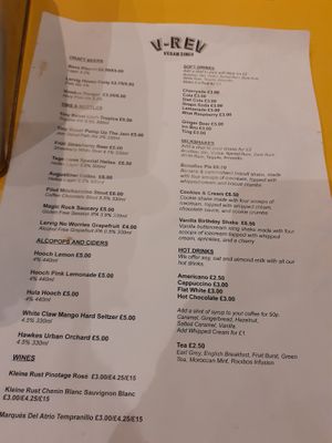 menu 1 DRINKS (as of 2022 prices and menu can change!!) at V Rev Vegan Diner in Manchester