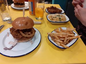 Babecute burger, fries, mac n cheeze and chicken wingz at V Rev Vegan Diner in Manchester