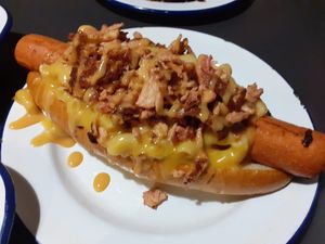 Paint it Mac hotdog at V Rev Vegan Diner in Manchester