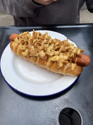 mac and cheese hotdog  at V Rev Vegan Diner in Manchester