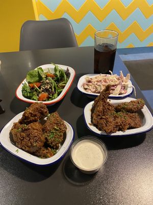 My second visit I was a little bit greedy and doubled up on the garlic and maple seitan wings, with a side salad and rainbow slaw! 🙈  at V Rev Vegan Diner in Manchester