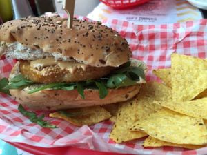 'chicken' satay burger at V Rev Vegan Diner in Manchester