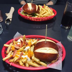 2 of the 'chicken' burgers with ranch fries at V Rev Vegan Diner in Manchester
