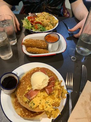 Pancakes with tofu scrambled eggs and bacon at V Rev Vegan Diner in Manchester