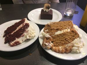 One of each dessert of the day - priced at £3.50 each (the cakes were HUGE). at V Rev Vegan Diner in Manchester