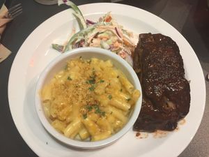 BBQ ribs, mac and cheez, rainbow slaw at V Rev Vegan Diner in Manchester