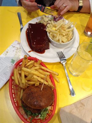 jerry zinger + fries
ribs + mac and cheese at V Rev Vegan Diner in Manchester