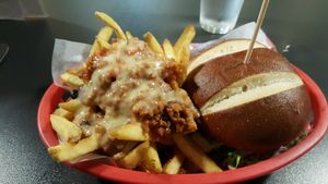 chilli fries and burger at V Rev Vegan Diner in Manchester