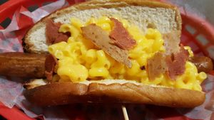 mac n cheese hot dog at V Rev Vegan Diner in Manchester