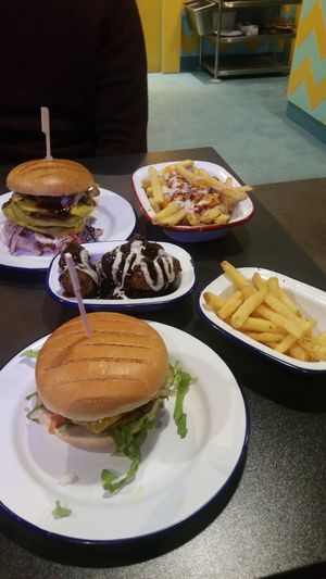 Burgers, fries and bbq chicken tenders at V Rev Vegan Diner in Manchester